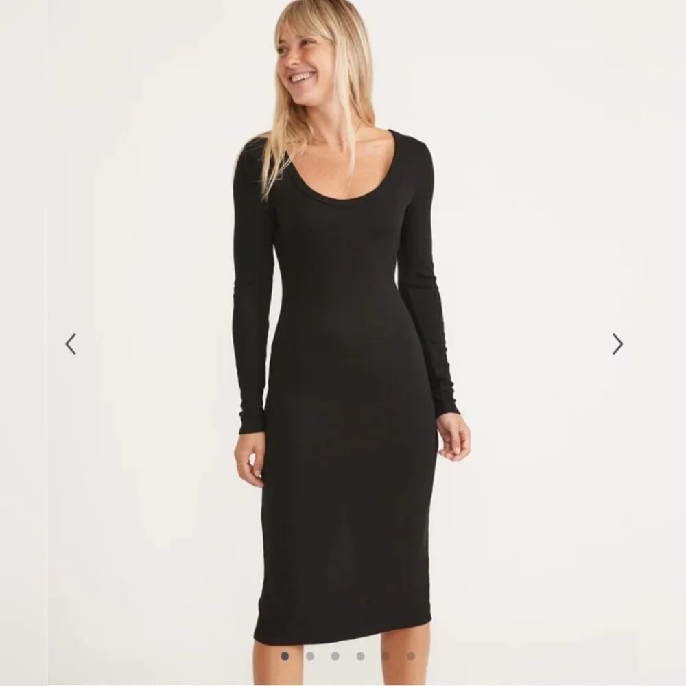 Marine Layer Lexi Rib Long Sleeve Midi Dress Black Medium